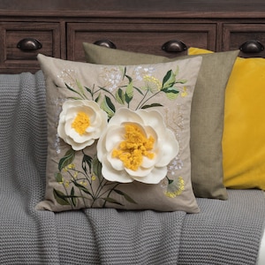 Summer Embroidery Throw Pillow Covers 18x18, 3D Flower Decorative Linen Accent Pillowcase, Home Decor Gift, Cushion Cover for Couch Bed Sofa