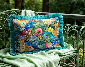 Colorful Parrot Fringe Pillow Cover, Lumbar Cushion, Boho Jungle Decor