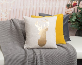 Winter Holiday Pillowcase, Christmas Deer Accent Throw Pillow Cover 20x20, Xmas Gold Print Cushion Cover Decor Gift for Girl Farmhouse Bed