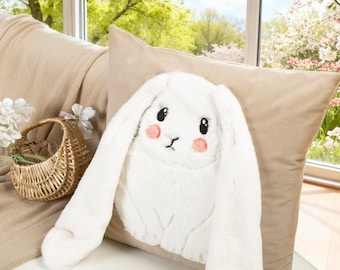 3D White Bunny Pillow Cover, Plush Long Ears, Kawaii Easter Decor