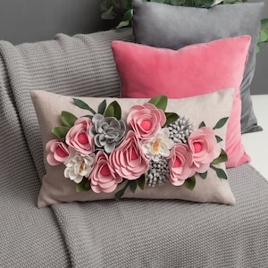 Spring Decor Pink Flower Lumbar Long Throw Pillow Cover 12x20, Handmade Home Decorative Accent Pillowcase for Bed Couch Bedroom Living Room