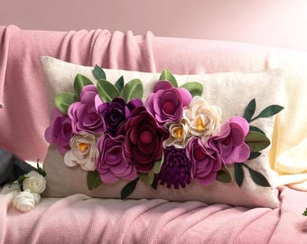 3D Floral Lumbar Pillow Cover: Handmade Felt Rose Peach Blossom Accent (12x20 Inch)