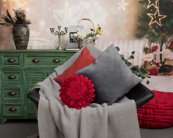 Weihnachtsrotes Blumen-Akzent-Kissen: Handgemachtes Wollkissen mit Einsatz