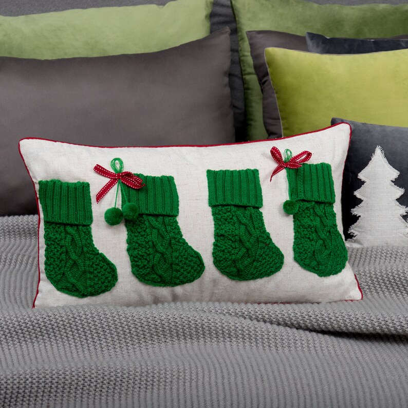 Christmas Stocking Decorative Long Blister Lumbar Throw Pillow Cover 14x24 inches, Crochet Pillowcase for Farmhouse Bed Bedroom Couch Sofa image 4