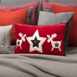 Christmas Deer Pillow Covers, Long Bolster Accent Pillowcase, Red Velvet Pillow Cover 14X20, Winter Holiday Decor Gift for Girl Farmhouse