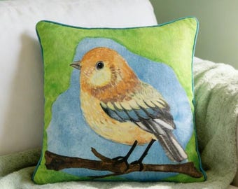 Chenille Throw Pillow: Spring Bird Illustration, Nature Decor