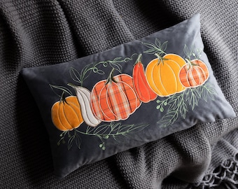 Embroidered Six Pumpkin Lumbar Pillow Cover, Velvet Fall Harvest Cushion, Farmhouse Sofa Decor