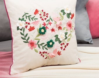 Embroidery Throw Pillow Cover 18X18, Decorative Pillow, Flower Accent Pillowcase, Valentine's Day pillow, Cute Cushion for Bed Home Gifts