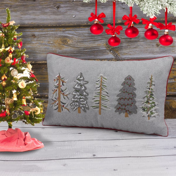 Christmas Tree Embroidery Lumbar Throw Pillow Cover 12x20, Winter Holiday Pillowcase, Xmas Cushion Cover Decor Gift for Girl Farmhouse Bed