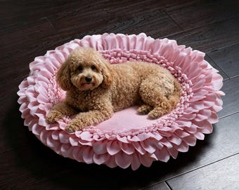 Pink Flower Pet Bed, Soft Plush Round Nest, Dutch Velvet Cozy Lounger
