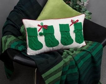 Christmas Stocking Decorative Long Blister Lumbar Throw Pillow Cover 14x24 inches, Crochet Pillowcase for Farmhouse Bed Bedroom Couch Sofa