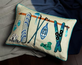 Embroidered Ski Equipment Lumbar Pillow Cover, Chenille Polyester Cushion, Winter Ski Decor