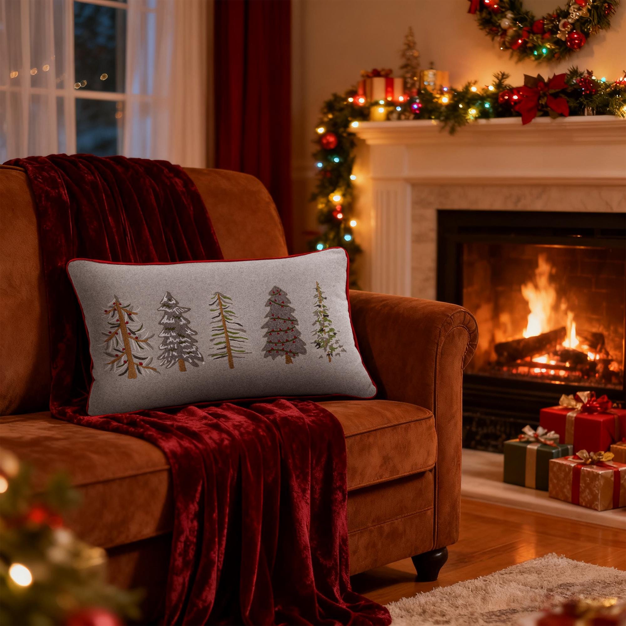 Federa per cuscino ricamata con cinque alberi di Natale, cuscino rettangolare per le feste, decorazione invernale per divano, camera da letto - Italia