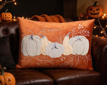 Embroidered Pumpkin Pillow Cover, Dutch Velvet Autumn Cushion, Farmhouse Decor (35x50cm)