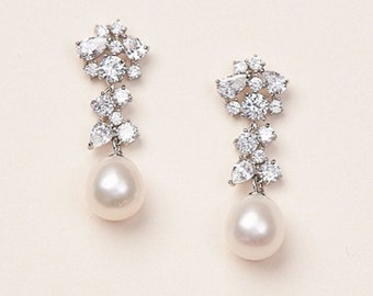 CZ Pearl Wedding Earrings, Freshwater Pearl Bridal Earrings, Clip on Pearl Bridal Earrings, Wedding Earrings, CZ Drop Wedding Earrings