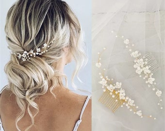 Ceramic flower Hair Comb,Pearl Hair Comb,Floral Bridal Hair Piece,Pearl & Floral Wedding Comb,Wedding Accessories,Bridal Decorative Comb