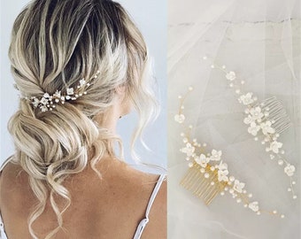 Peigne à cheveux de fleur en céramique, peigne à cheveux en perles, morceau de cheveux de mariée floral, perle et peigne de mariage floral, accessoires de mariage, peigne décoratif de mariée