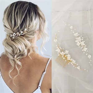 Ceramic flower Hair Comb,Pearl Hair Comb,Floral Bridal Hair Piece,Pearl & Floral Wedding Comb,Wedding Accessories,Bridal Decorative Comb