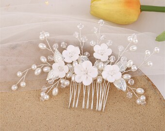 Bridal White Crystal Tiara, Bridal Rhinestone Accessories,pearl bridal hair accessories,ceramic flower wedding tiara,bridal comb,Gift