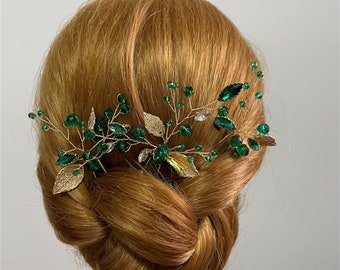 Green Wedding Hair Pins,Gold Leaves Hair Pins,Bridal Hair Piece,Wedding Hair Accessory,Bridesmaid Gifts,Woman's Gifts, Gifts for Her