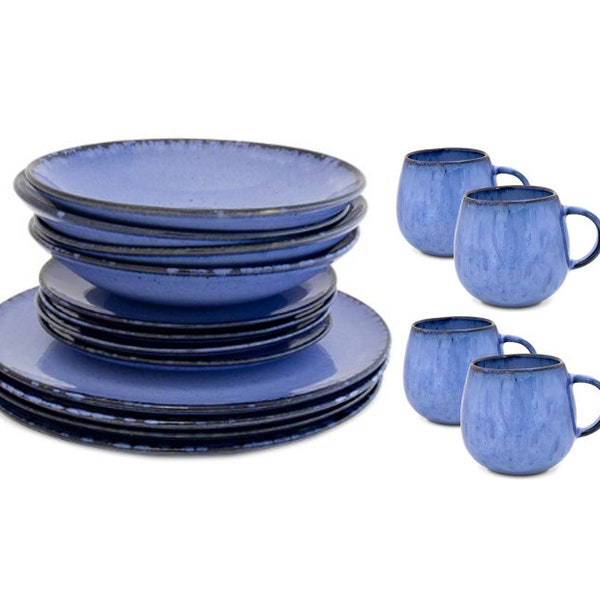 Keramik Geschirr Set 16-tlg aus Portugal in blau mit verziertem Rand