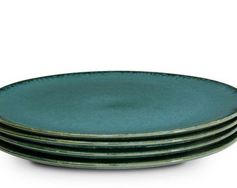 Keramik Dinner-4er Set handgemacht aus Portugal in grün mit verziertem Rand (29,5cm)