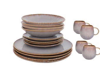 Ceramic tableware set 16 pcs from Portugal in grey with decorated edge