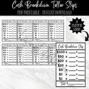 Bank Teller Slips Cash Breakdown-Printable PDF