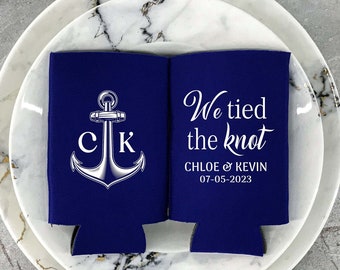 We Tied The Knot -  Personalized Monogrammed Can Coolers, Tall Can Koozies, Best Wedding Party Favor, Beer Insulators