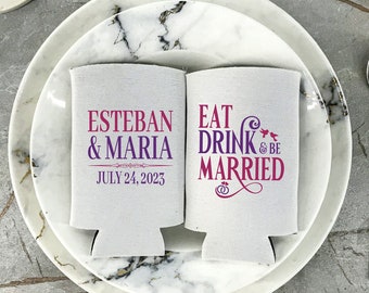 Eat, Drink, and Be Married - Personalized Slim Wedding Cooler, Wedding Party Favor, Wedding Decor, Can Holder