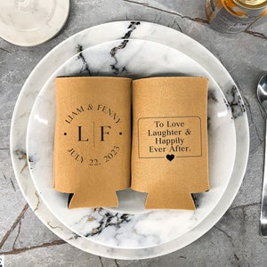 To Love Laughter & Happily Ever After - Customized Slim Can Cooler, Wedding Can Coolers, Personalized Wedding Favors, Beer Holder