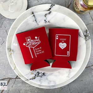 Lucky in Love - Wedding can coolers, personalized wedding favors, destination wedding, wedding favors with custom name & date