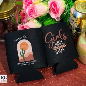 Girls Just Wanna Have Sun - Customized Bachelorette Can Cooler, Bachelorette Favor, Beer Cozy, Bachelorette Cozy