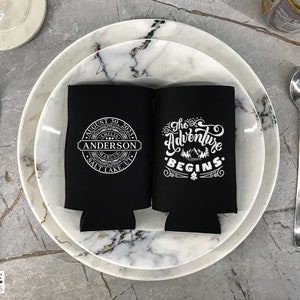The Adventure Begins - Slim Can Coolers, Personalized Wedding Can Coolers, Beer Huggers, Best Wedding Favor