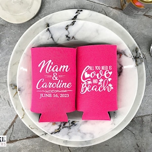 Love & Beach - Customized Slim Wedding Can Coolers, Summer Wedding Favors, Custom Wedding Favor, Wedding Decor