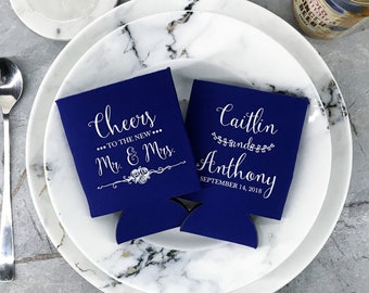 Cheers To The New Mr. & Mrs. - Custom Wedding Can Coolers, Wedding Favors, Wedding Coolers