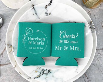 Cheers To The New Mr and Mrs - Wedding Can Coolers, Personalized Wedding Favors, Beer Holder, Beverage Insulator