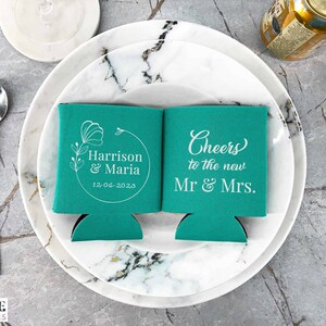 Cheers To The New Mr and Mrs - Wedding Can Coolers, Personalized Wedding Favors, Beer Holder, Beverage Insulator
