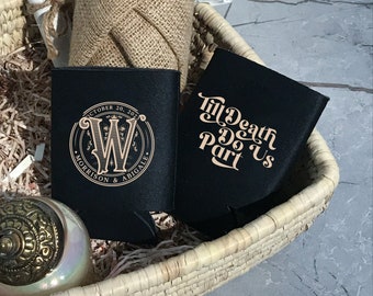 Till Death Do Us Apart - Custom Wedding Can Coolers, Monogram Can Coolers, Wedding Favors, Beer Cozy