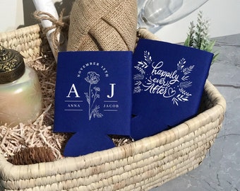 Monogrammed Wedding Can Coolers - Custom Wedding Coolers, Wedding Party Favors, Beer Holder, Happily Ever After