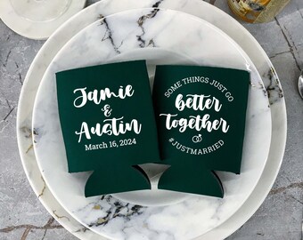 May include: Two green can coolers with white text. One cooler says "Jamie & Austin March 16, 2024". The other cooler says "Some things just go better together #JustMarried".