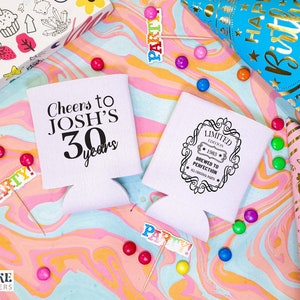30th Birthday Can Coolers - Custom can cooler, birthday party favor, 30th birthday celebrations, beer holder