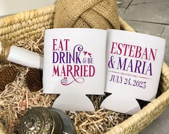 Comer, beber y casarse: enfriador de latas personalizado para bodas, recuerdo para la fiesta de bodas, decoración para bodas, soporte para cerveza
