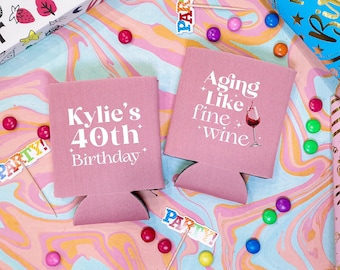 Aging Like Fine Wine - 40th Birthday Can Coolers, 40th Birthday Decor, 40th Birthday Party Favor, Personalized Can Coolers