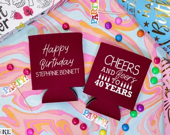 Cheers and Beers - 40th Birthday Coolers, 40th Birthday Favor, Personalized Birthday Can Cooler, Birthday Gift, Beer Holder
