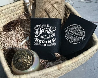The Adventure Begins - Wedding Can Coolers Customized, Wedding Party Favor, Wedding Decor, Beer Holder