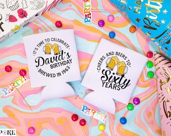 Cheers and Beers - 60th Birthday, Birthday Can Coolers, Personalised Birthday Coolers, 60th Birthday Favors, Birthday Favor