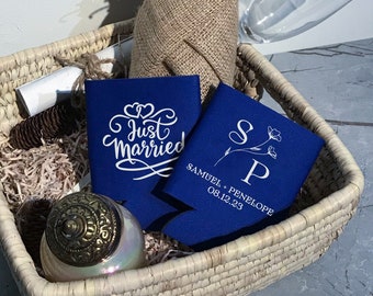 Just Married Can Cooler - Personalized Can Cooler, Wedding Party Favor, Beverage Insulator