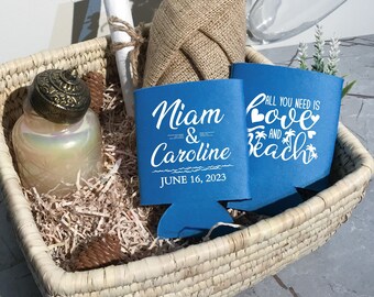 Love & Beach - Personalized Wedding Can Coolers, Summer Wedding Favors, Beach Wedding, Destination Wedding, Beer Insulator