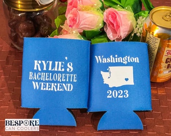 Bachelorette can cooler with custom name & destination - Girls weekend party favor, Bridesmaids Gift